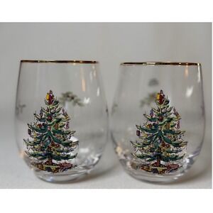 Spode Christmas Tree Gold Rimmed Stemless Wine Glasses Set of 2